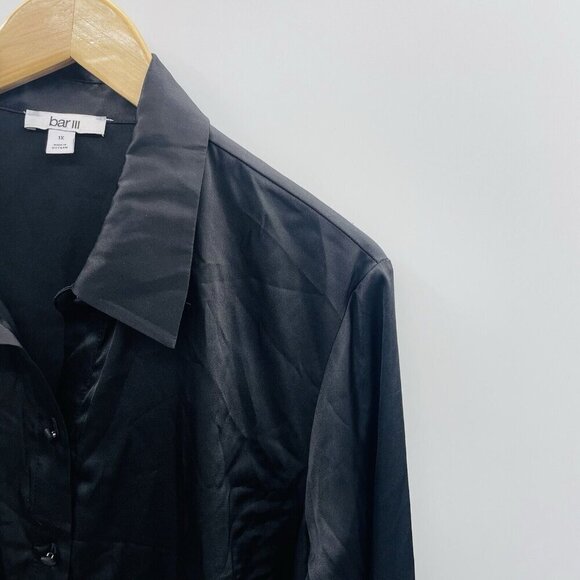 Bar III Womens Plus Size 1X Satin Long-Sleeve Button-Front Shirt Black $79 1835 - Picture 3 of 7